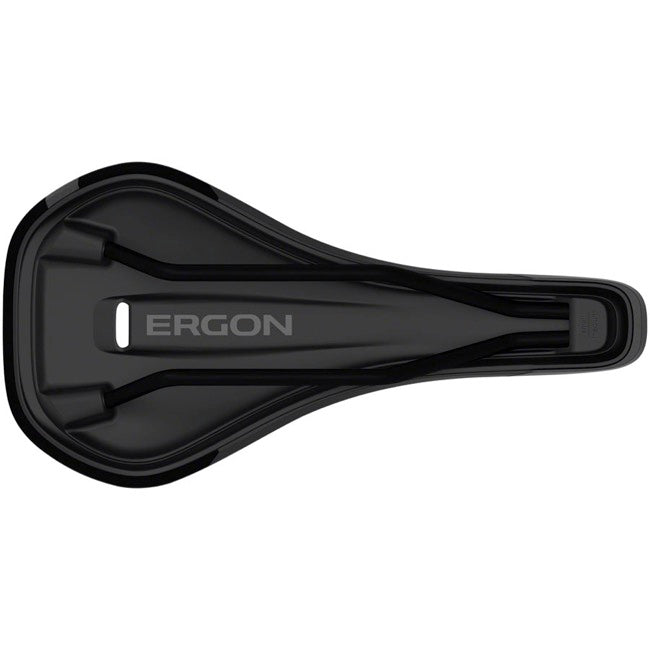 Top view of the Ergon SM Enduro Saddle (Stealth, Mens, S/M) with central cutout, gray logo, and performance design.