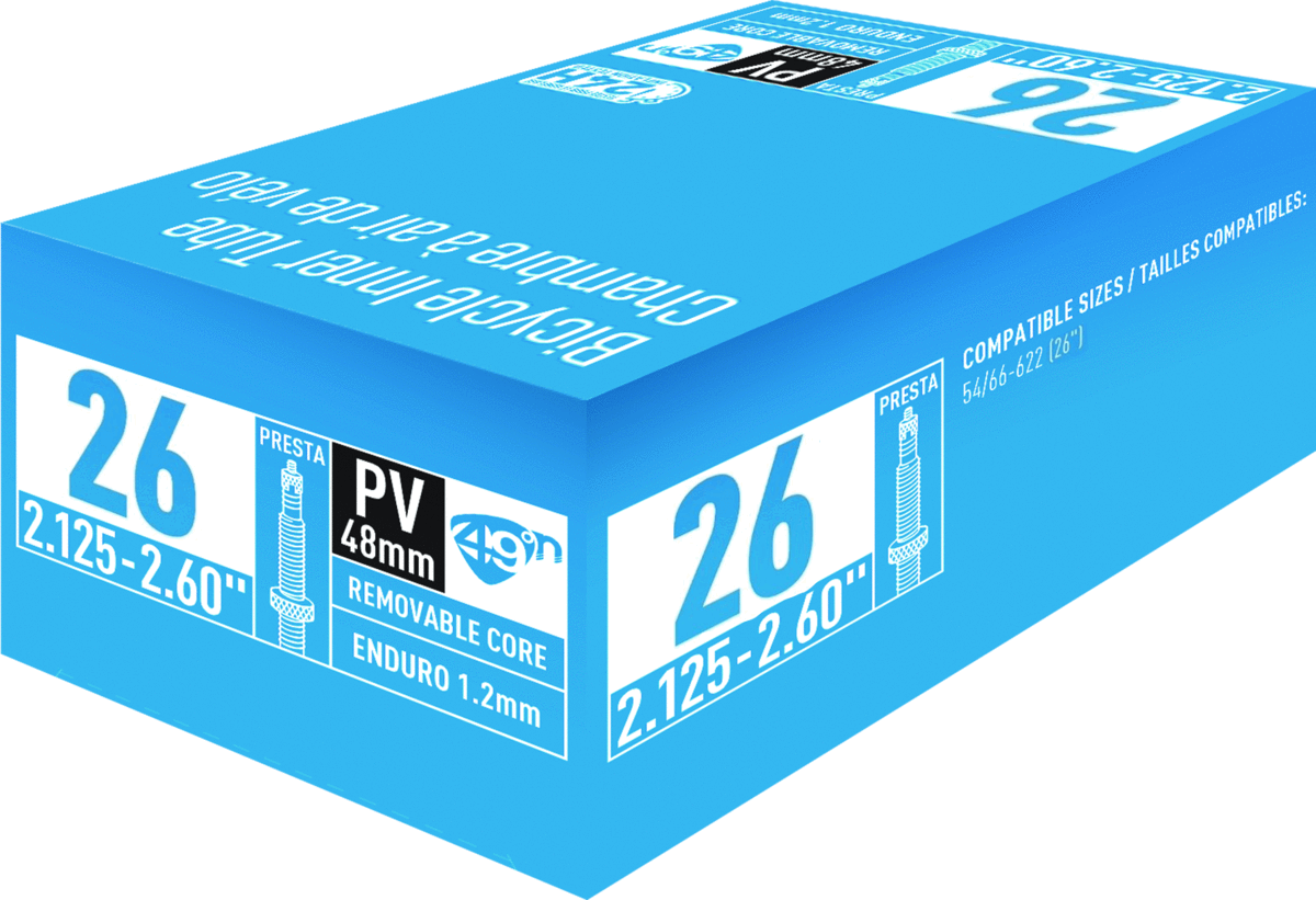 49N Enduro 26" Presta Tube, 2.125-2.60, 48mm removable core for puncture protection.