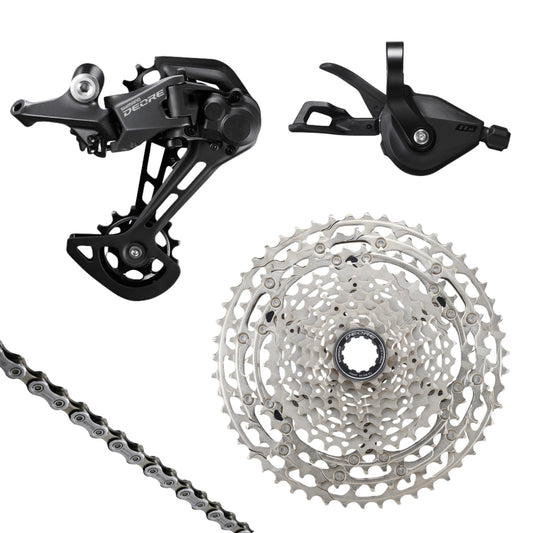 Shimano Deore M5100 1×11 Speed Upgrade Kit includes derailleur, shifter, cassette & chain—ideal for your upgrade.