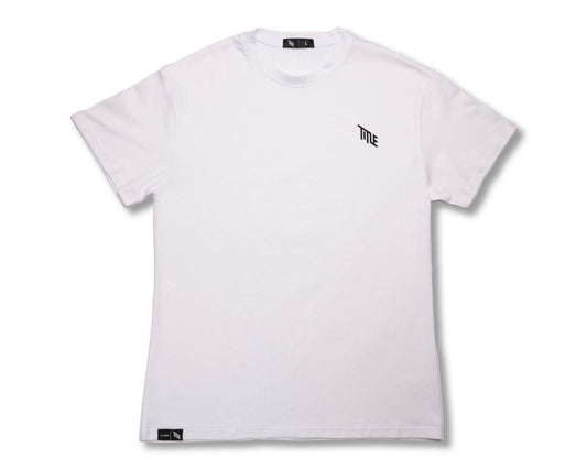 Title MTB Title Essential Midweight T-Shirt: plain white organic cotton, small black logo, natural dyes, collar & hem tags.