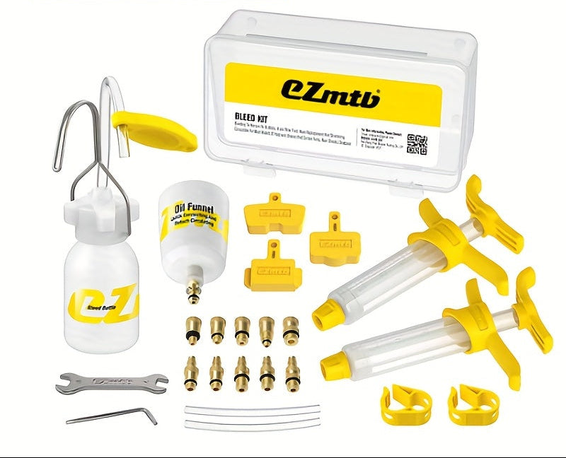EZmtb Universal Brake Bleed Kit for Shimano, SRAM, Magura & more; fits mineral/DOT fluid; yellow-accented parts.