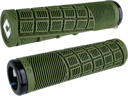 Two ODI Reflex V2.1 Lock-On Grips XL (Green) by ODI feature ergonomic grips with a grid and ribbed pattern.