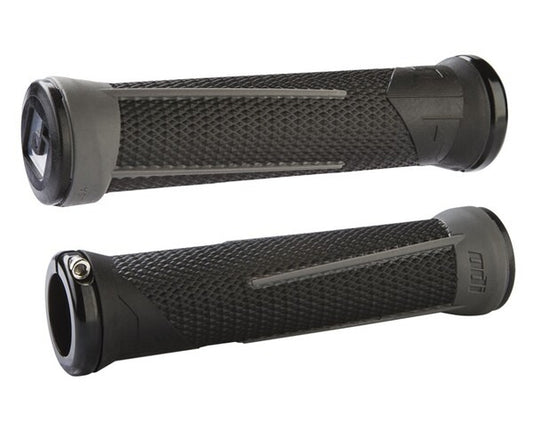 ODI AG1 V2.1 Lock-On Grips - Black/Graphite shown from multiple angles, featuring textured grips and metal rings.