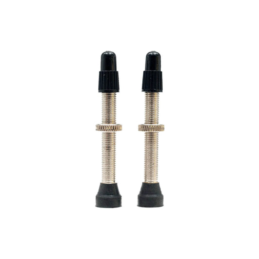 Stan's NoTubes Stan’s Tubeless Universal Valves PR - Medium, 2 Presta-compatible metal valves with black caps.