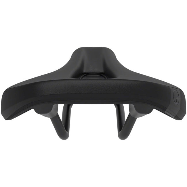 Rear view of Ergon SM Enduro Saddle (Stealth, Mens S/M), highlighting seat surface and metal rails for control.