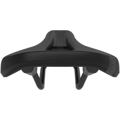 Rear view of Ergon SM Enduro Saddle (Stealth, Mens S/M), highlighting seat surface and metal rails for control.