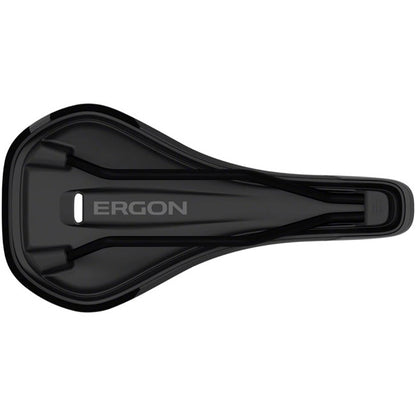 Top view of the Ergon SM Enduro Saddle (Stealth, Mens, S/M) with central cutout, gray logo, and performance design.