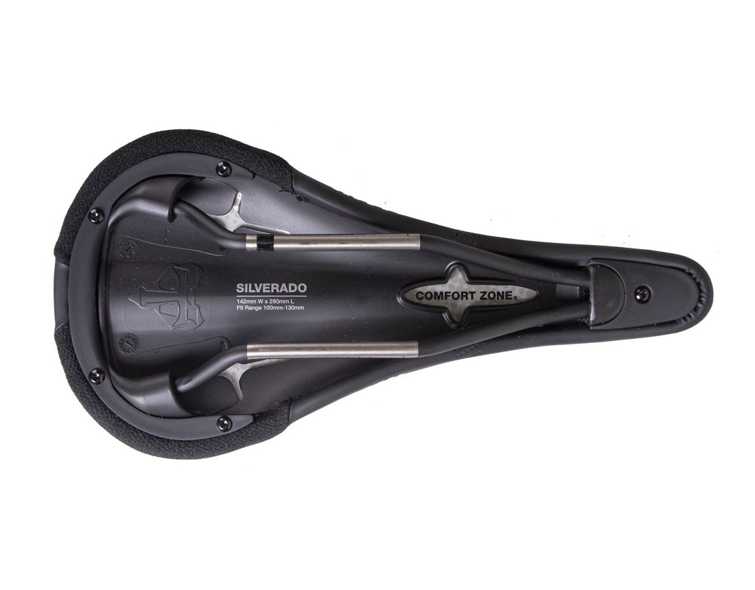 Bottom view of the WTB Silverado Cromoly Saddle with Comfort Zone label, showing rails and lightweight padding.