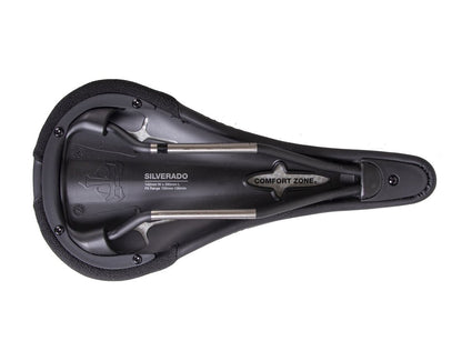 Bottom view of the WTB Silverado Cromoly Saddle with Comfort Zone label, showing rails and lightweight padding.