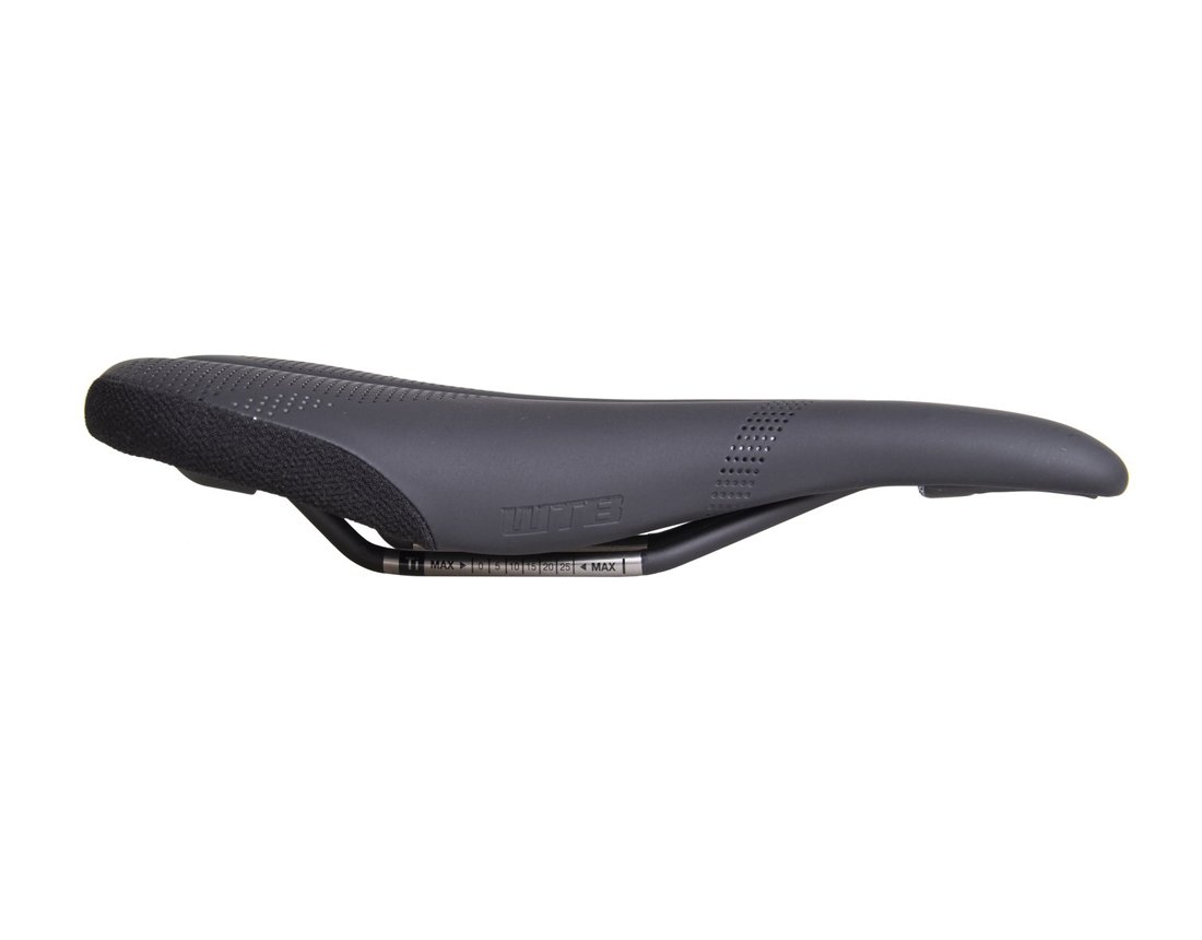 Side view of WTB Silverado Cromoly Saddle, lightweight with textured rear and smooth curves, on white background.