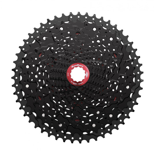 A black SunRace MX8 11-speed cassette (11-50T) with a red center labeled Lock, viewed from above.