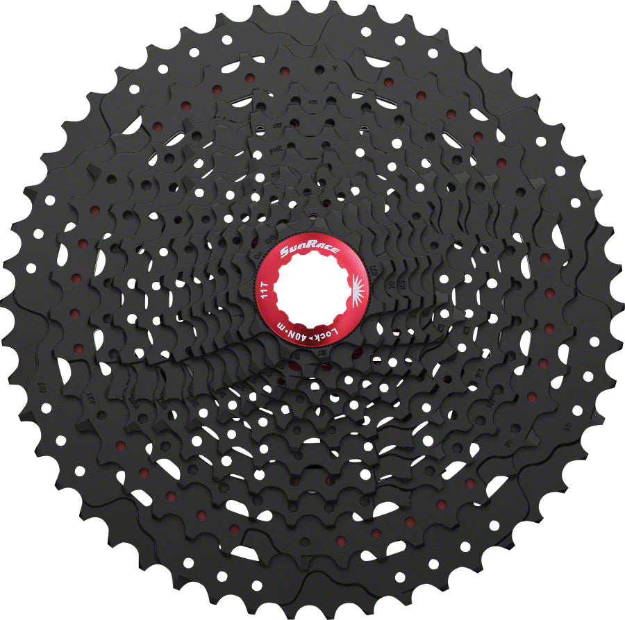 Picture of black bike gear with red SunRace lock.