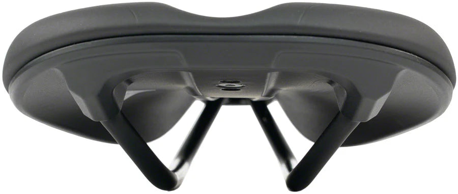 Close-up of the underside of the WTB Silverado 265 Fusion Form Saddle, showing stainless steel rails and mounting points.