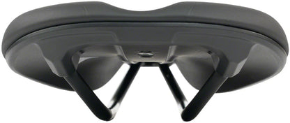 Close-up of the underside of the WTB Silverado 265 Fusion Form Saddle, showing stainless steel rails and mounting points.