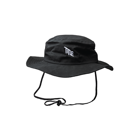 Title MTB Title Safari Hat: unisex, black, wide brim, chin strap, white logo embroidery; organic cotton.