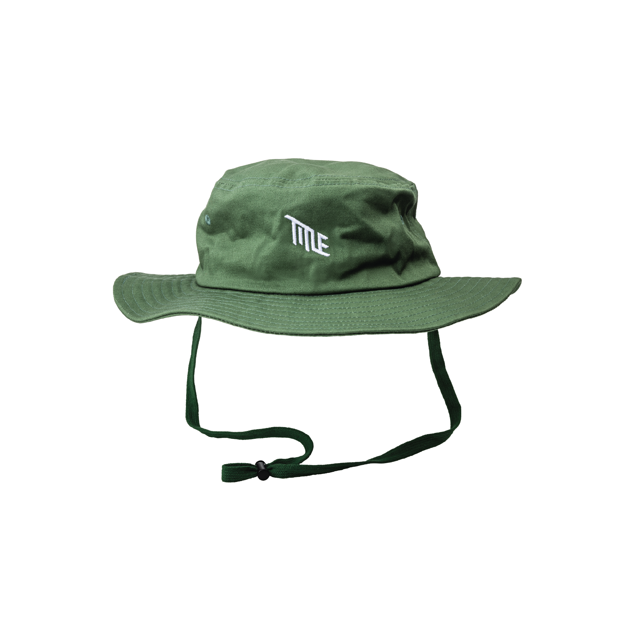 Title MTB Title Safari Hat: unisex green wide-brim hat with chin strap and white front embroidered logo.