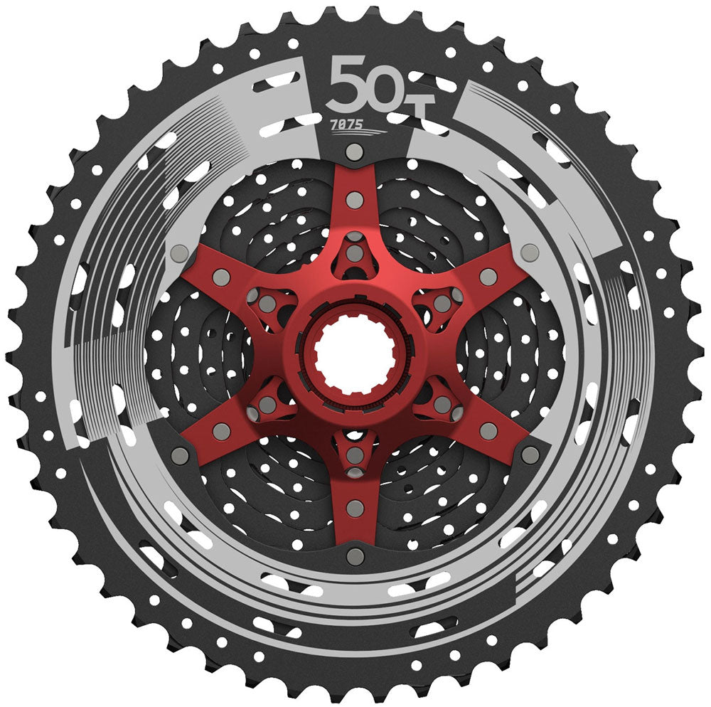 SunRace MX8 11-50T MTB cassette, black/silver, red spider, Shimano 11-speed compatible.