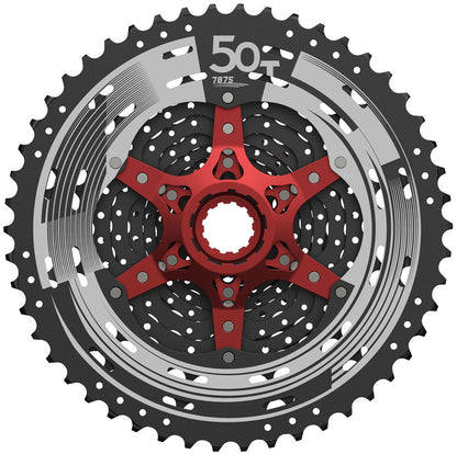 SunRace MX8 11-50T MTB cassette, black/silver, red spider, Shimano 11-speed compatible.