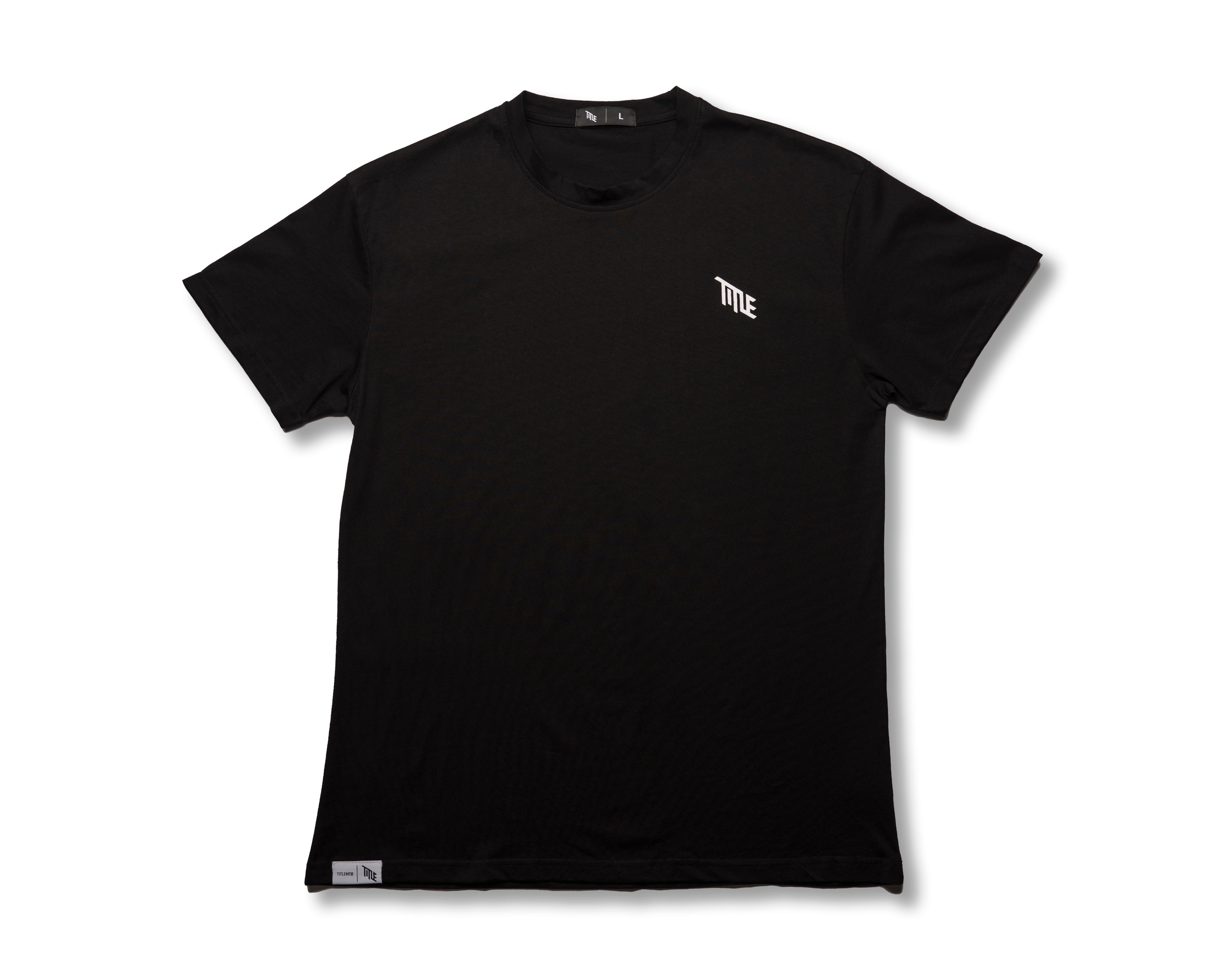 Title MTB Title Essential Midweight T-Shirt in black, soft organic cotton, features small white TITLE logo for comfort.
