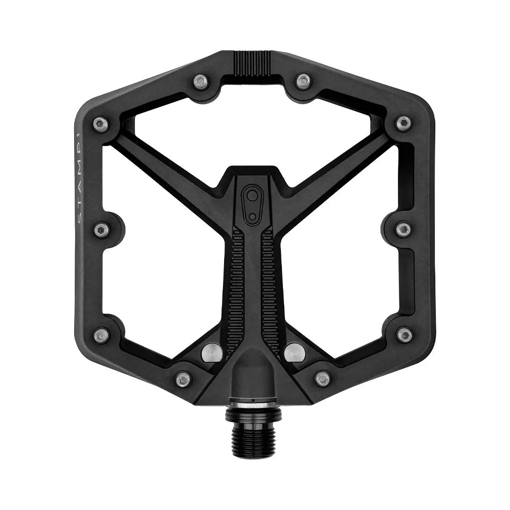 The Crankbrothers Stamp 1 Gen 2 pedal features a true concave body design for enhanced on-trail confidence.