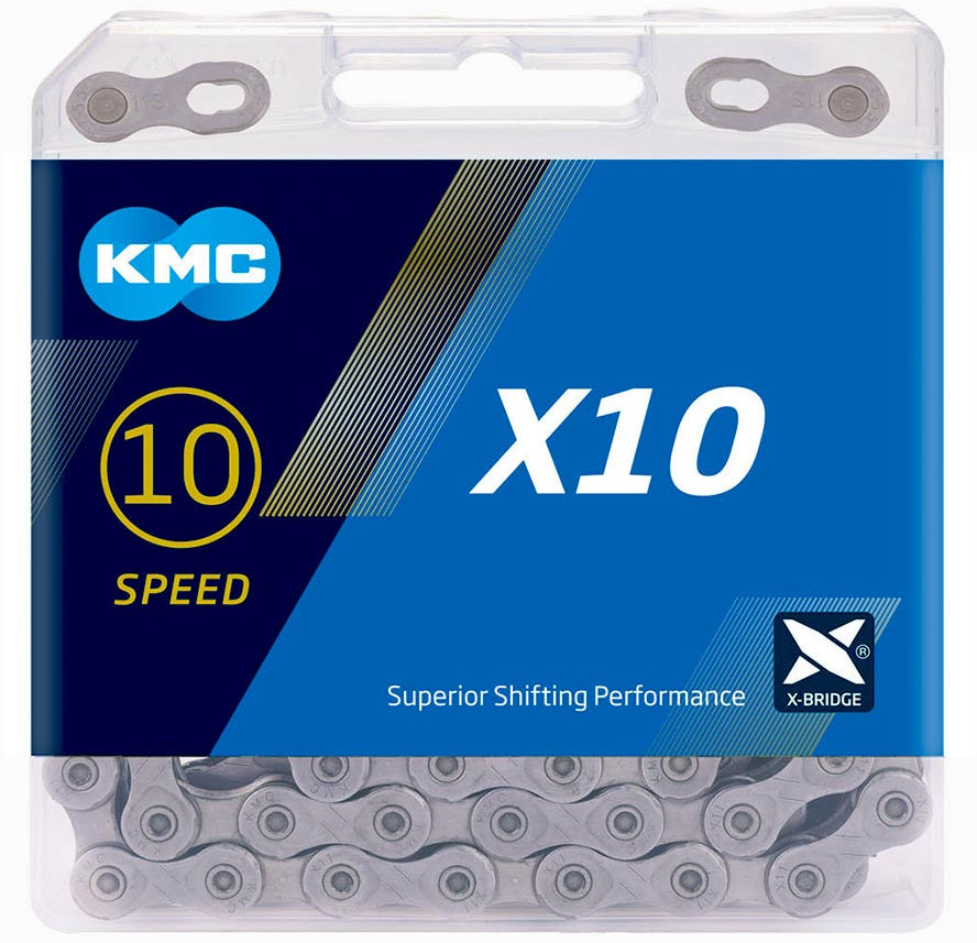 KMC X10 Silver 10 Speed Chain by KMC, includes Missing Link, in blue packaging with chain visible at the bottom.