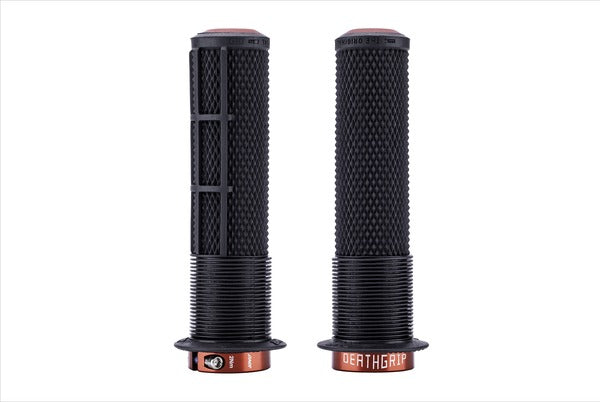 Two black DMR DeathGrip 2 Race Edition flanged thick lock-on grips, each with textured surface and copper rings.