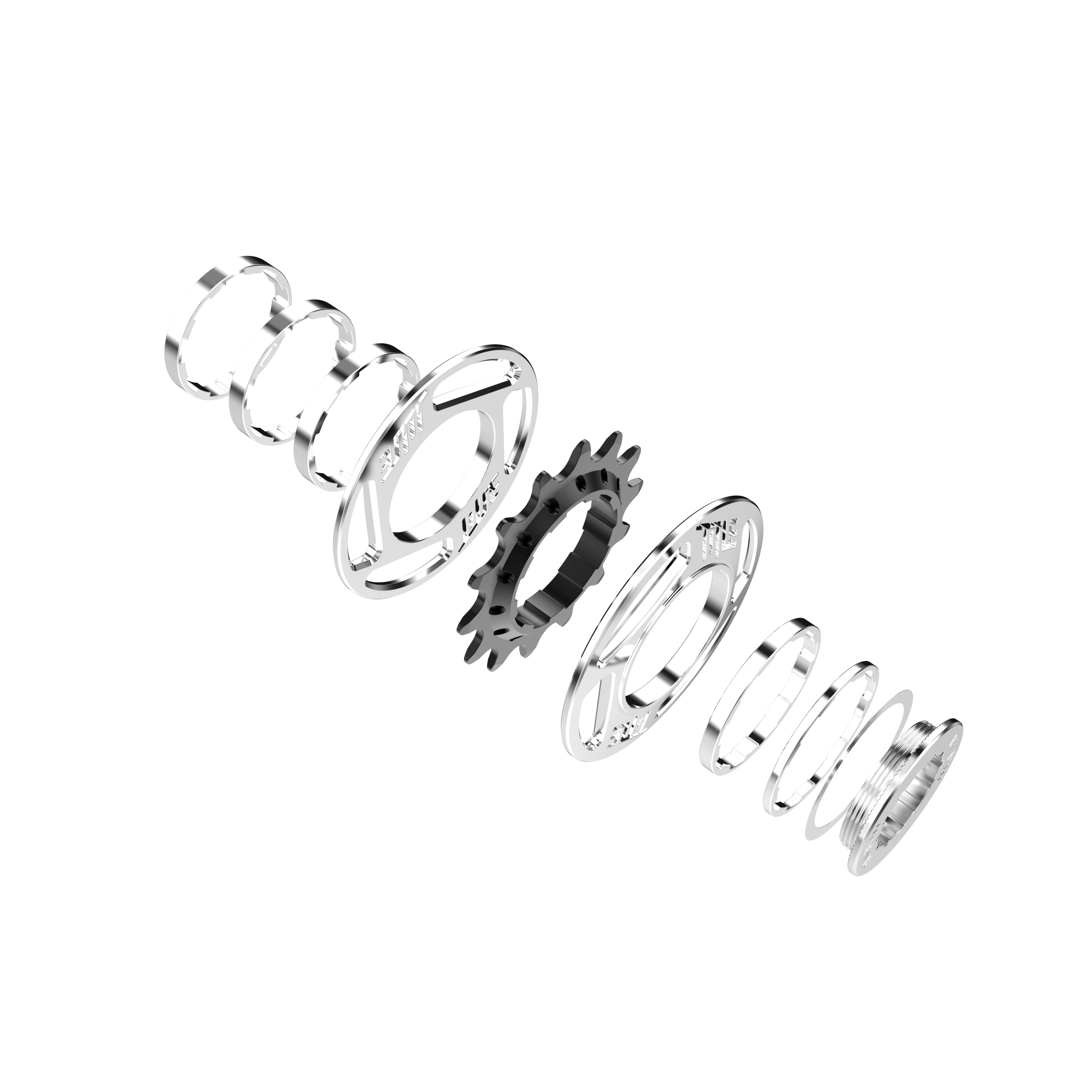 Title MTB Single Speed Kit mechanical components and gears arranged linearly on a white background.